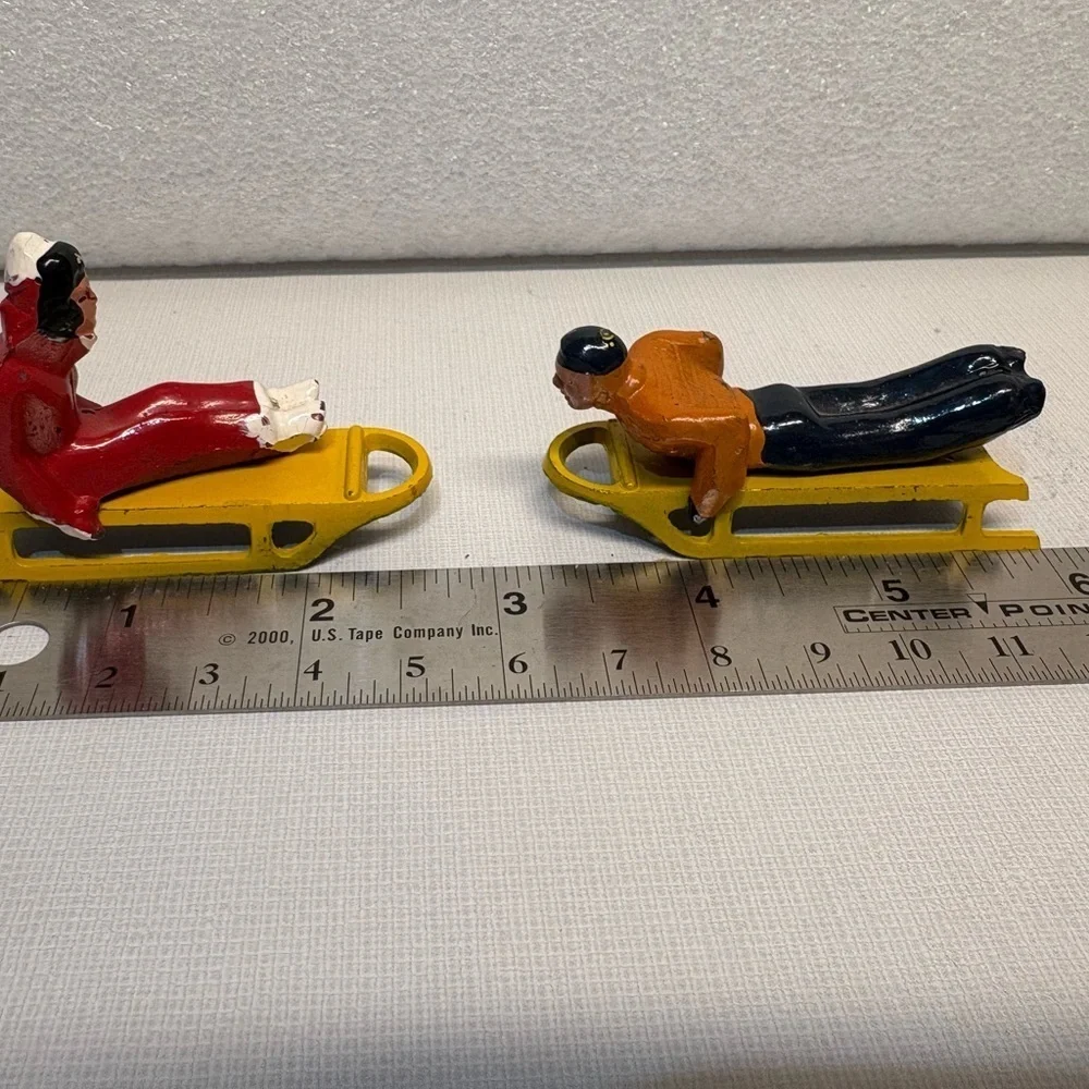 2 Vintage Barclay Sledding Sledders Figurines Christmas Winter Village Decor